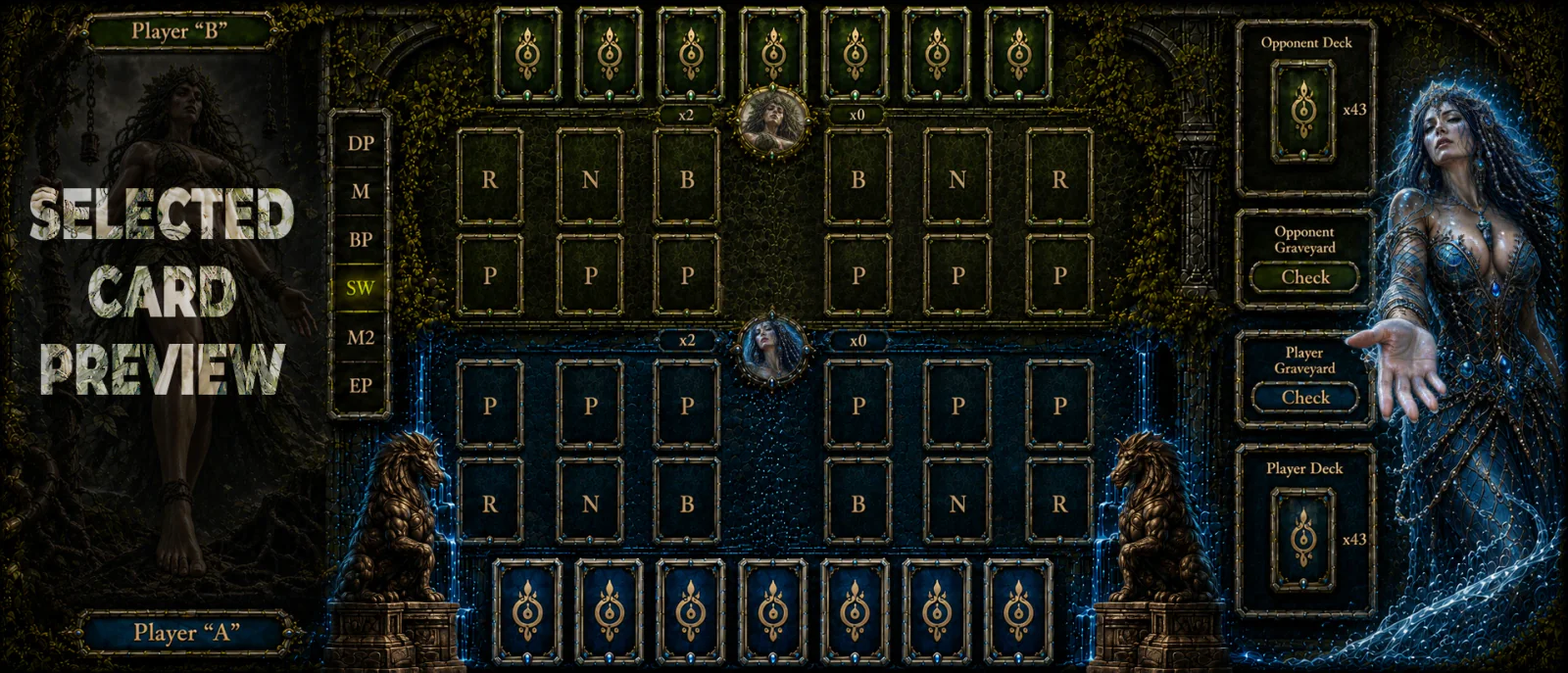 Elemental Queens battlefield interface with card zones and player lanes