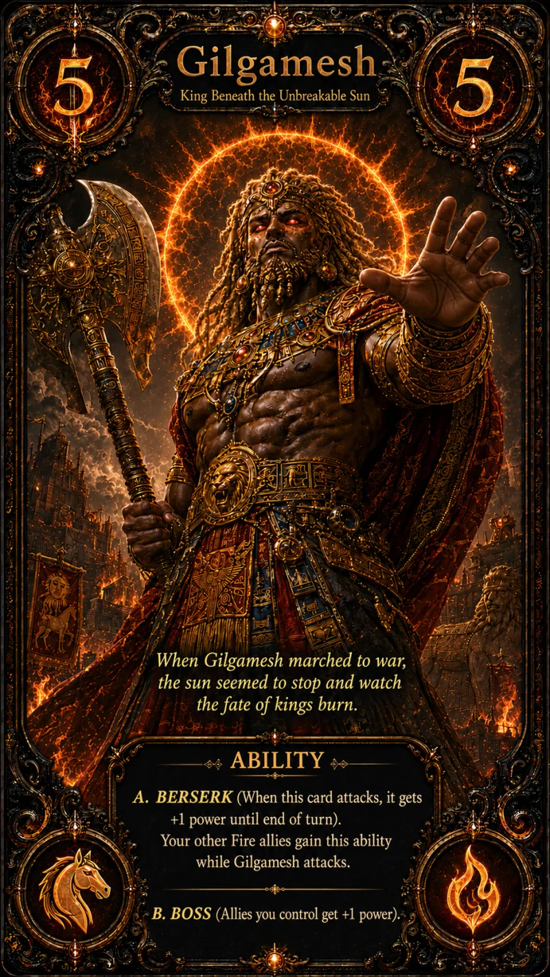 Gilgamesh ally card render used to explain card anatomy